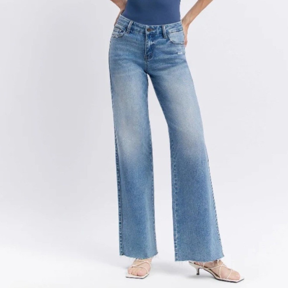 Vervet Blue Olivia Mid Rise Wide Leg Raw Hem Jeans Medium Wash T6017N 28